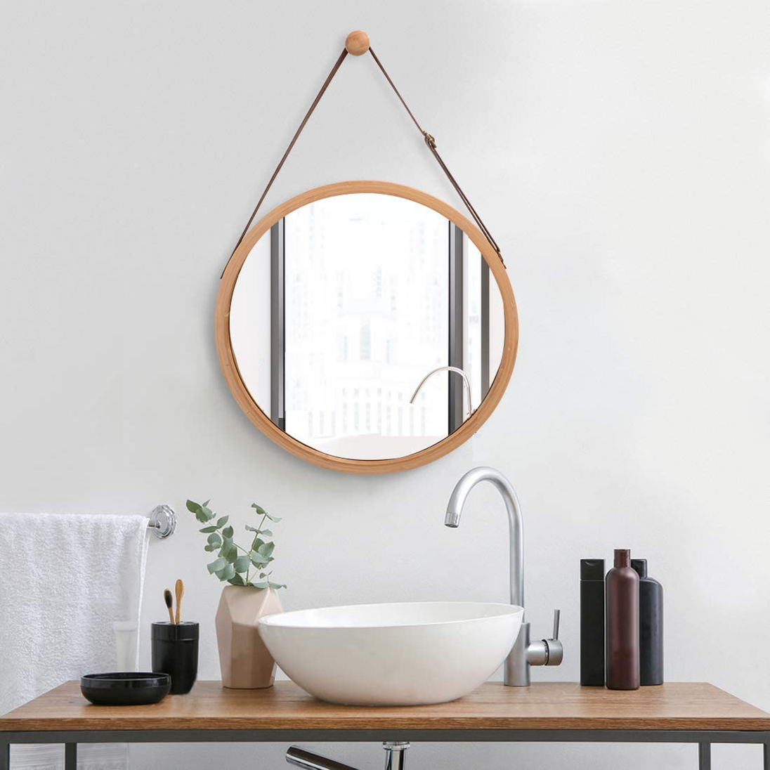 Hanging Round Wall Mirror 38 cm - Solid Bamboo Frame and Adjustable Leather Strap for Bathroom and Bedroom - Delldesign Living - Furniture > Bathroom - free-shipping