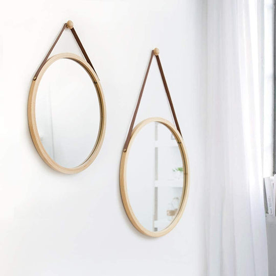 Hanging Round Wall Mirror 38 cm - Solid Bamboo Frame and Adjustable Leather Strap for Bathroom and Bedroom - Delldesign Living - Furniture > Bathroom - free-shipping