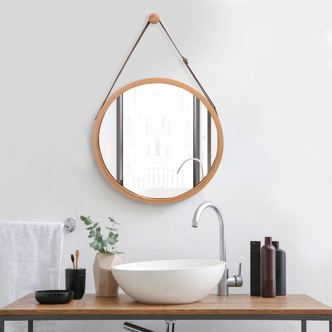 Hanging Round Wall Mirror 45 cm - Solid Bamboo Frame and Adjustable Leather Strap for Bathroom and Bedroom - Delldesign Living - Health & Beauty > Makeup Mirrors - free-shipping