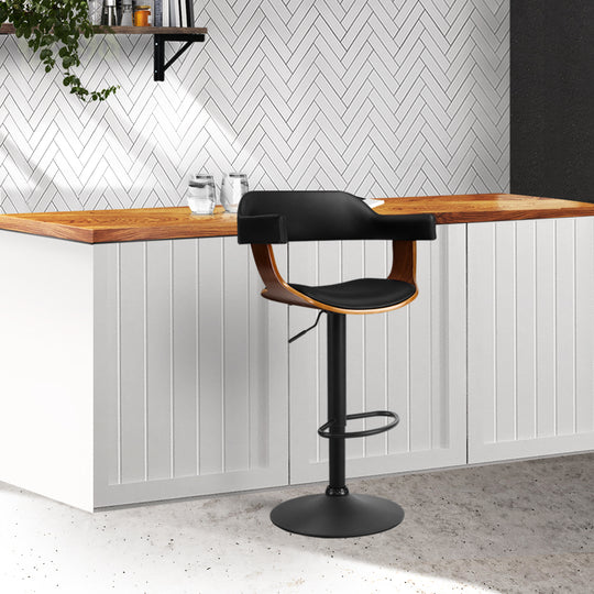 Artiss Bar Stool Curved Gas Lift PU Leather - Black and Wood - Delldesign Living - Furniture > Bar Stools & Chairs - free-shipping