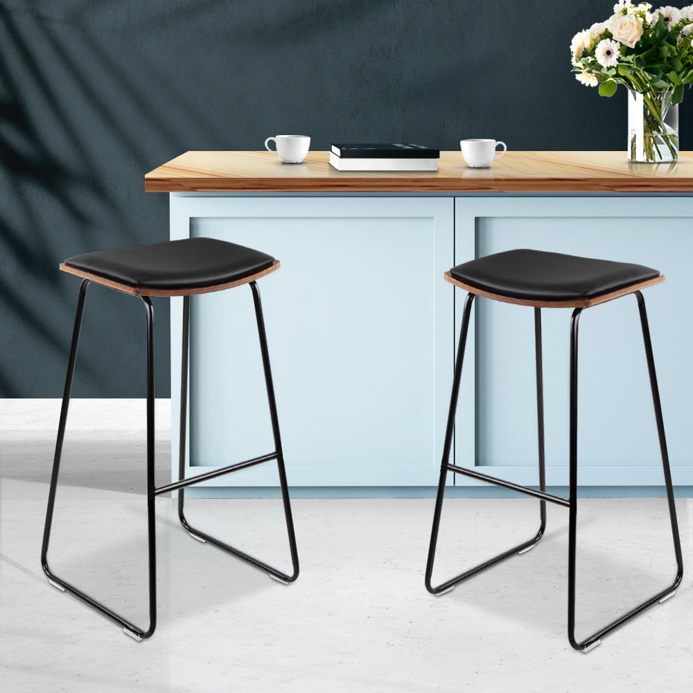 Artiss Set of 2 Backless PU Leather Bar Stools - Black and Wood - Delldesign Living - Furniture > Bar Stools & Chairs - free-shipping