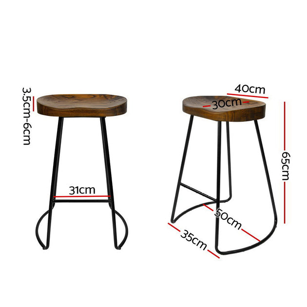 Artiss Set of 2 Elm Wood Backless Bar Stools 65cm - Black and Dark Natural - Delldesign Living - Furniture > Bar Stools & Chairs - free-shipping