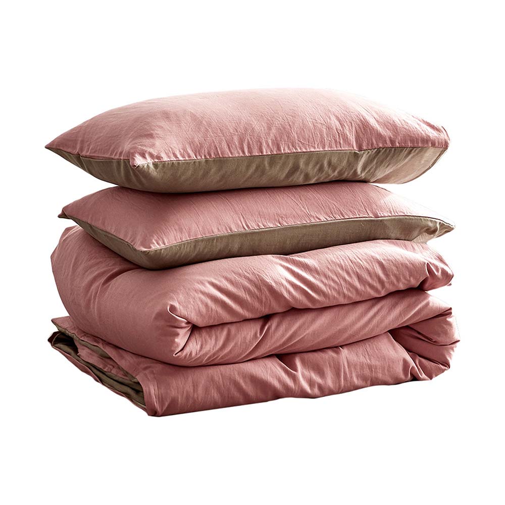 Cosy Club Washed Cotton Quilt Set Pink Brown Double - Delldesign Living - Home & Garden > Bedding - free-shipping