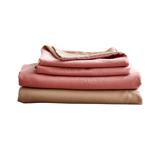 Cosy Club Washed Cotton Sheet Set Pink Brown Double - Delldesign Living - Home & Garden > Bedding - free-shipping