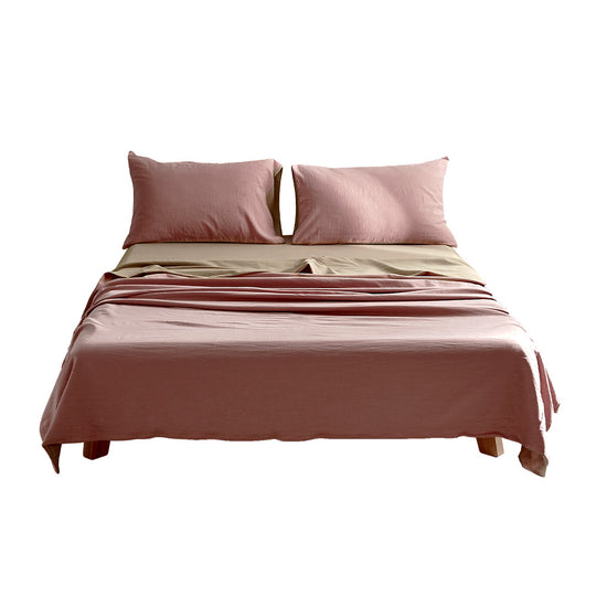 Cosy Club Washed Cotton Sheet Set Pink Brown Double - Delldesign Living - Home & Garden > Bedding - free-shipping