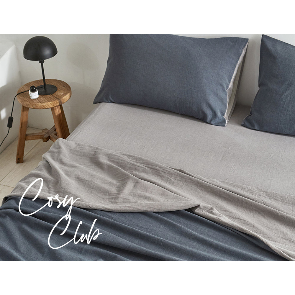 Cosy Club Sheet Set Cotton Sheets Single Blue Dark Grey - Delldesign Living - Home & Garden > Bedding - free-shipping
