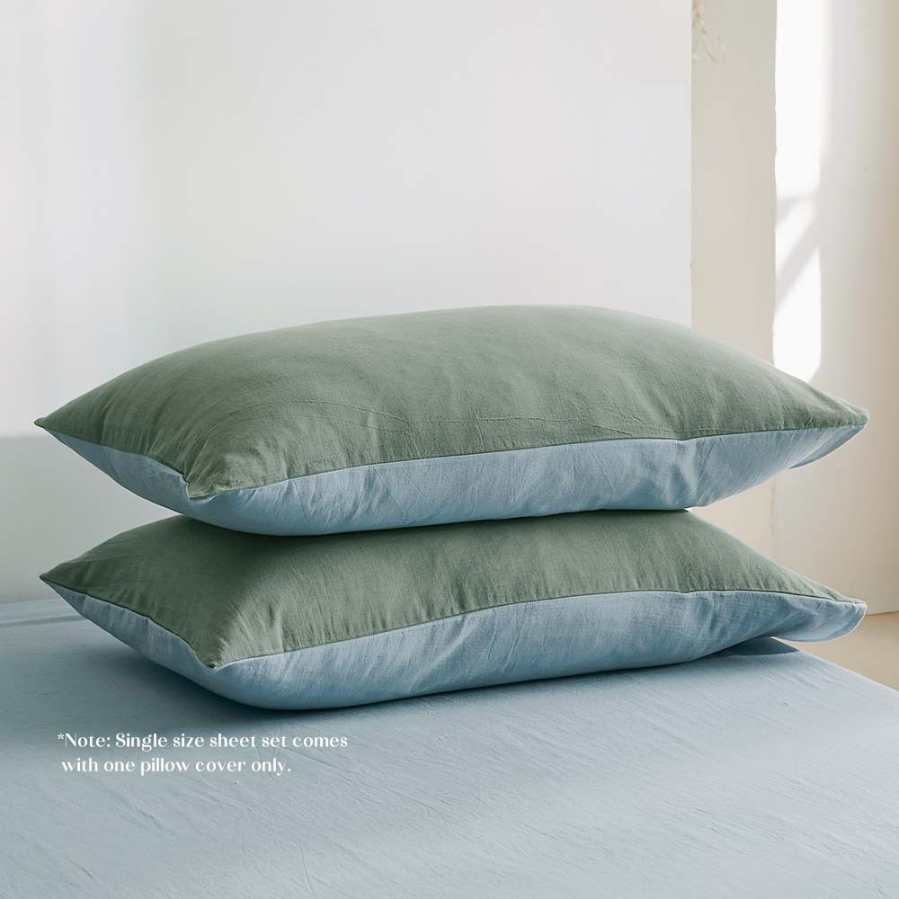 Cosy Club Washed Cotton Sheet Set Green Blue Single - Delldesign Living - Home & Garden > Bedding - free-shipping