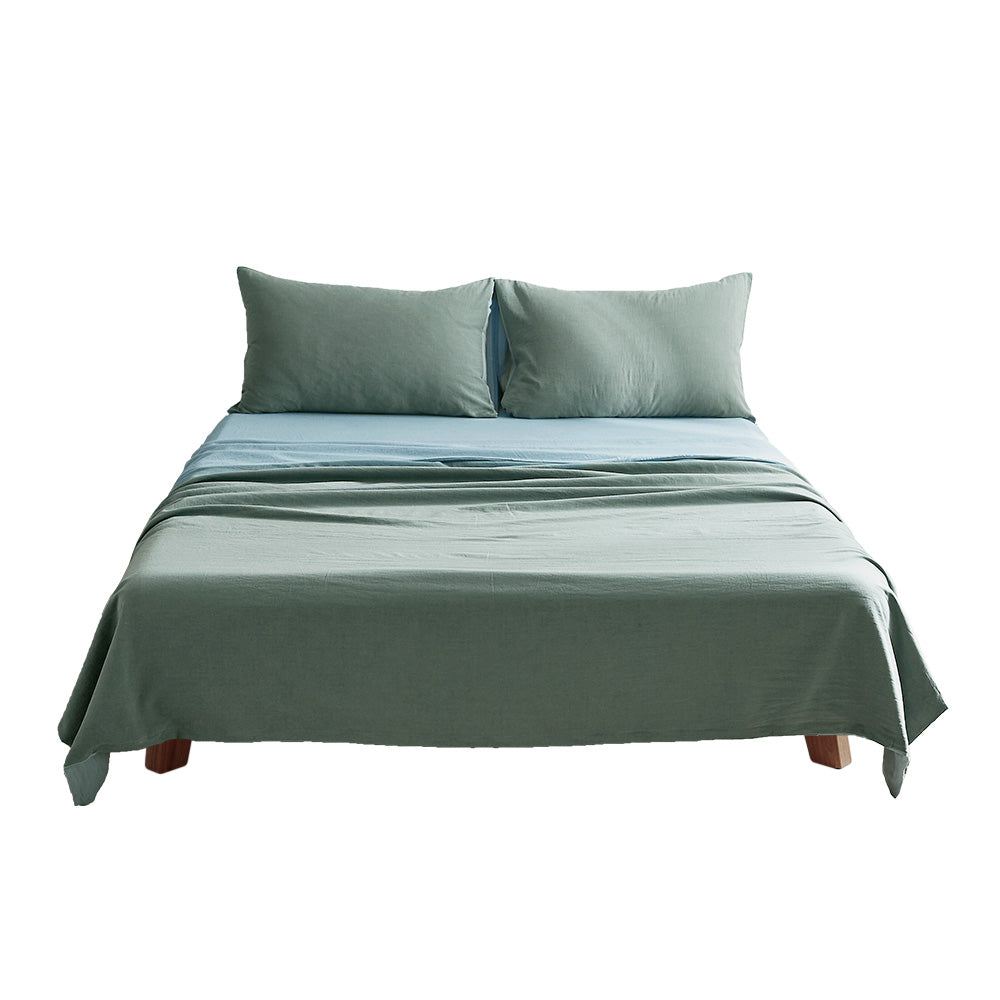 Cosy Club Washed Cotton Sheet Set Green Blue Single - Delldesign Living - Home & Garden > Bedding - free-shipping