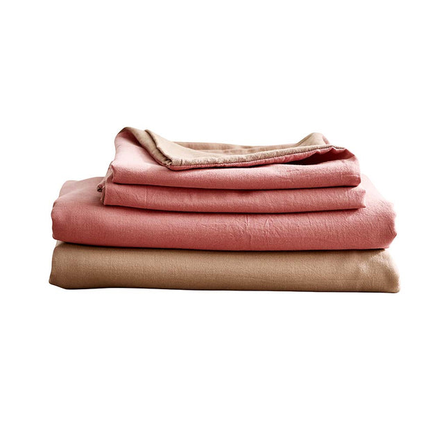 Cosy Club Washed Cotton Sheet Set Pink Brown Single - Delldesign Living - Home & Garden > Bedding - free-shipping