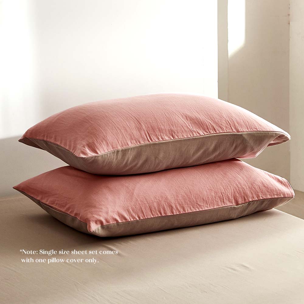 Cosy Club Washed Cotton Sheet Set Pink Brown Single - Delldesign Living - Home & Garden > Bedding - free-shipping