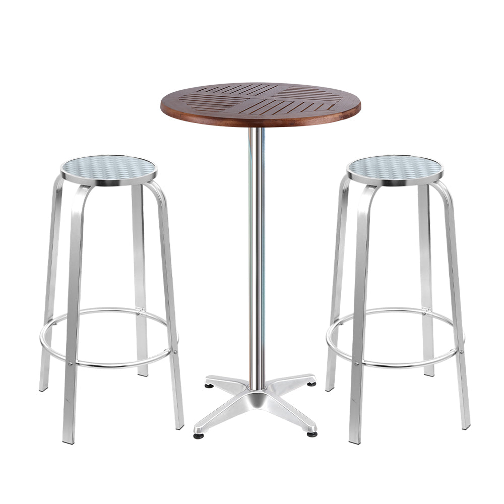 Gardeon Outdoor Bistro Set Bar Table Stools Adjustable Aluminium Cafe 3PC Wood - Delldesign Living - Furniture > Outdoor - free-shipping