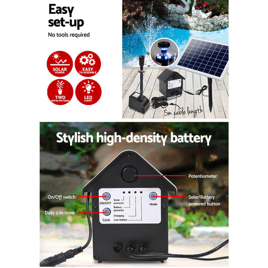 Gardeon Solar Pond Pump Battery Powered Outdoor LED Light Submersible Filter - Delldesign Living - Home & Garden > Garden Tools - 