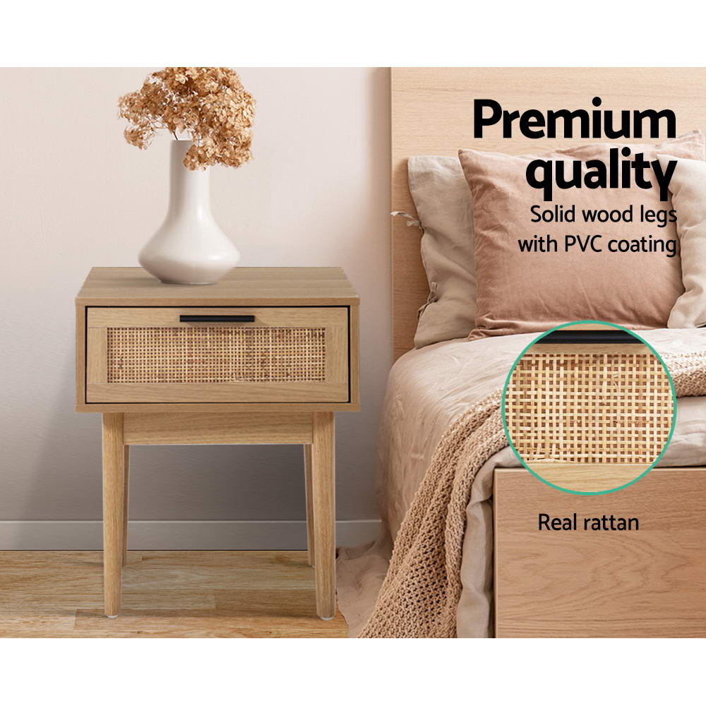 Artiss Bedside Tables Table 1 Drawer Storage Cabinet Rattan Wood Nightstand - Delldesign Living - Furniture > Bedroom - free-shipping