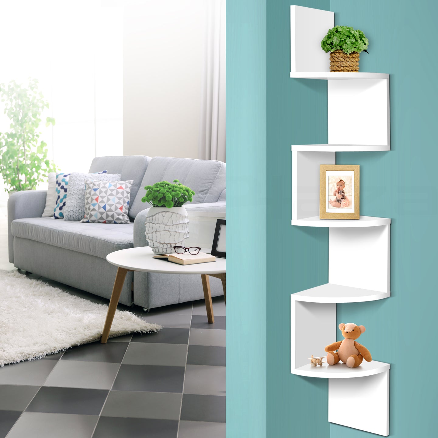 Artiss 5 Tier Corner Wall Shelf - White - Delldesign Living - Furniture > Living Room - free-shipping, hamptons