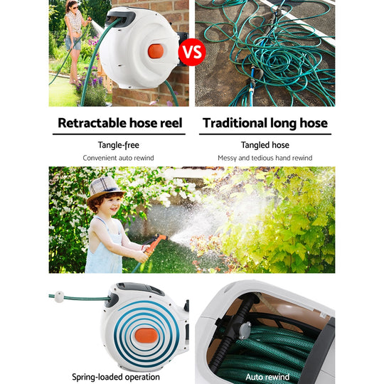 Greenfingers Retractable Hose Reel 20M Garden Water Brass Spray Gun Auto Rewind - Delldesign Living - Home & Garden > Garden Tools - 