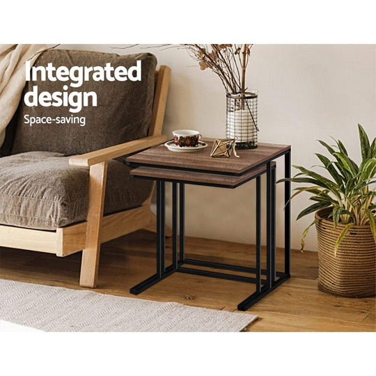 Artiss Coffee Table Nesting Side Tables Wooden Rustic Vintage Metal Frame - Delldesign Living - Furniture > Dining - free-shipping