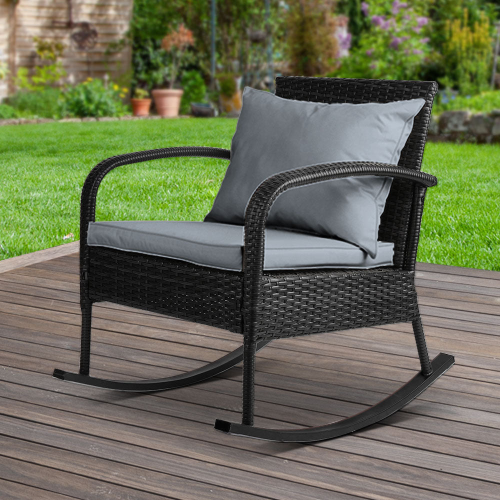 Gardeon Outdoor Furniture Rocking Chair Wicker Garden Patio Lounge Setting Black - Delldesign Living - Furniture > Outdoor - free-shipping