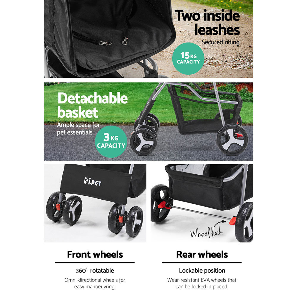 i.Pet 4 Wheel Pet Stroller - Black - Delldesign Living - Pet Care > Dog Supplies - free-shipping