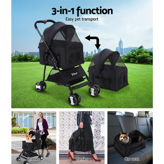 i.Pet Pet Stroller Dog Carrier Foldable Pram 3 IN 1 Middle Size Black - Delldesign Living - Pet Care > Dog Supplies - free-shipping