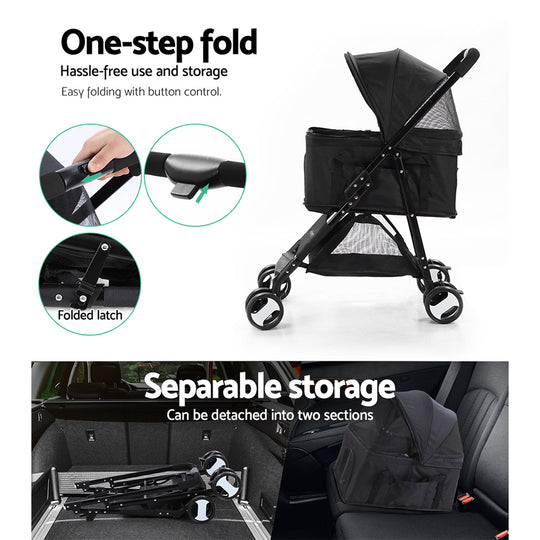 i.Pet Pet Stroller Dog Carrier Foldable Pram 3 IN 1 Middle Size Black - Delldesign Living - Pet Care > Dog Supplies - free-shipping