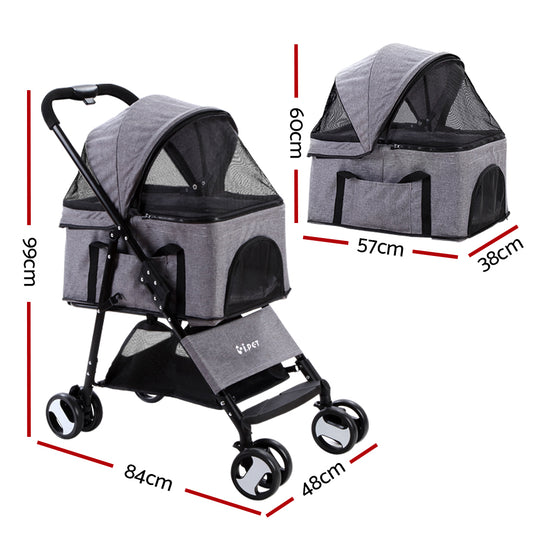 i.Pet Pet Stroller Dog Carrier Foldable Pram 3 IN 1 Middle Size Grey - Delldesign Living - Pet Care > Dog Supplies - free-shipping