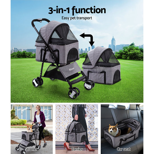 i.Pet Pet Stroller Dog Carrier Foldable Pram 3 IN 1 Middle Size Grey - Delldesign Living - Pet Care > Dog Supplies - free-shipping