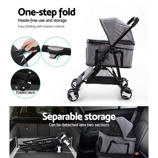 i.Pet Pet Stroller Dog Carrier Foldable Pram 3 IN 1 Middle Size Grey - Delldesign Living - Pet Care > Dog Supplies - free-shipping