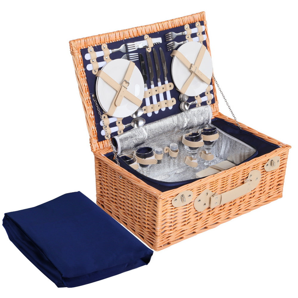 Alfresco 4 Person Picnic Basket Wicker Set Baskets Outdoor Insulated Blanket Navy - Delldesign Living - Outdoor > Picnic - free-shipping