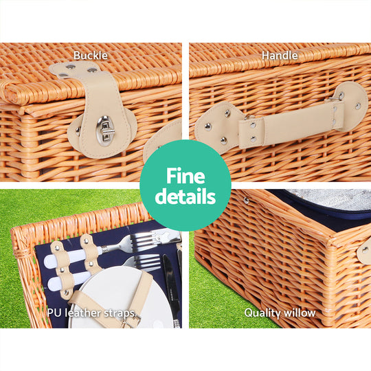 Alfresco 4 Person Picnic Basket Wicker Set Baskets Outdoor Insulated Blanket Navy - Delldesign Living - Outdoor > Picnic - free-shipping