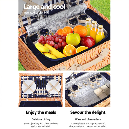 Alfresco 4 Person Picnic Basket Wicker Set Baskets Outdoor Insulated Blanket Navy - Delldesign Living - Outdoor > Picnic - free-shipping