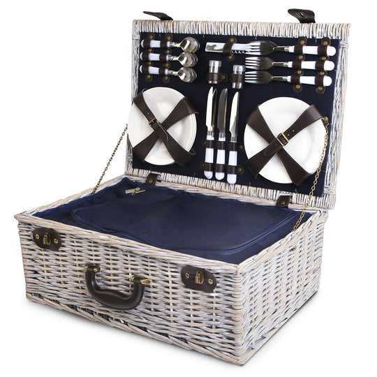 Alfresco 6 Person Picnic Basket Set Cooler Bag Wicker PU Fastening Straps Plates - Delldesign Living - Outdoor > Picnic - free-shipping, hamptons