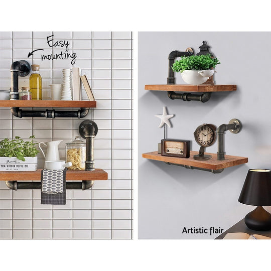 Artiss Wall Shelves Rustic Bookshelf Retro Display Shelves Industrial DIY Pipe Shelf Floating Brackets - Delldesign Living - Home & Garden > DIY - free-shipping