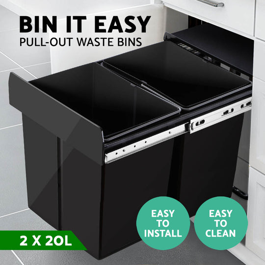 Cefito 2x20L Pull Out Bin - Black - Delldesign Living - Home & Garden > Kitchen Bins - free-shipping