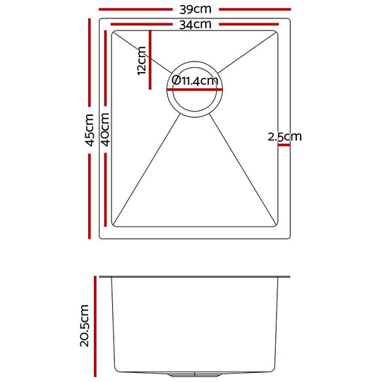 Cefito 39cm x 45cm Stainless Steel Kitchen Sink Under/Top/Flush Mount Silver - Delldesign Living - Home & Garden > DIY - free-shipping