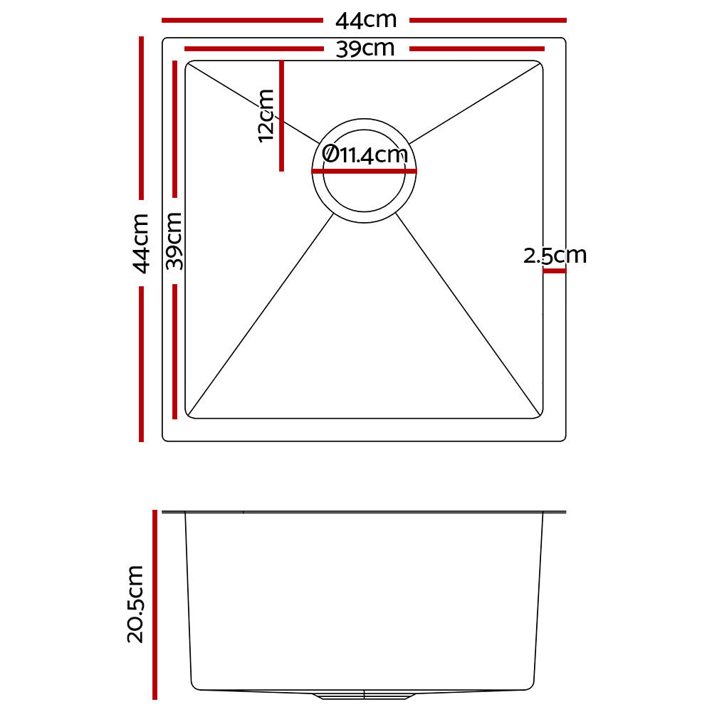 Cefito 44cm x 44cm Stainless Steel Kitchen Sink Under/Top/Flush Mount Silver - Delldesign Living - Home & Garden > DIY - free-shipping