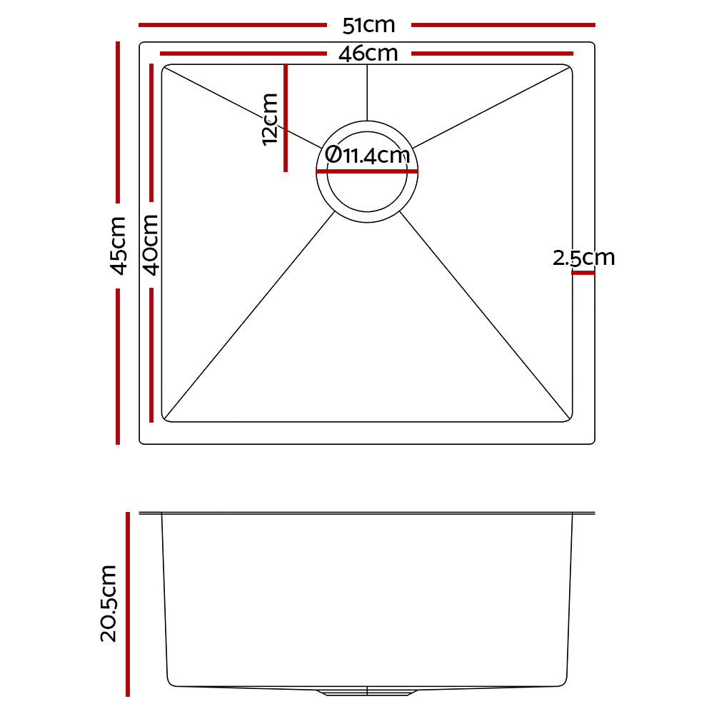 Cefito 51cm x 45cm Stainless Steel Kitchen Sink Under/Top/Flush Mount Silver - Delldesign Living - Home & Garden > DIY - free-shipping