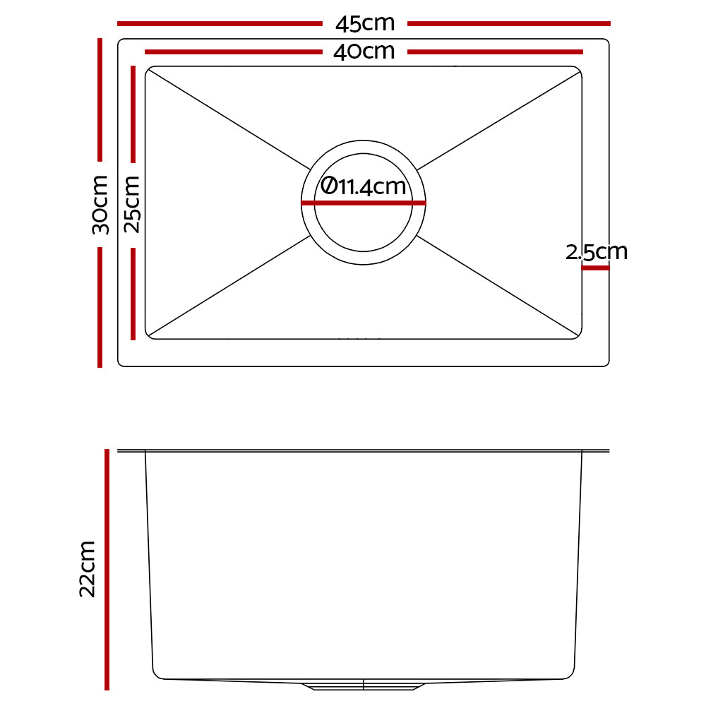 Cefito 30cm x 45cm Stainless Steel Kitchen Sink Under/Top/Flush Mount Black - Delldesign Living - Home & Garden > DIY - free-shipping