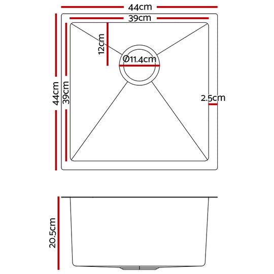 Cefito 44cm x 44cm Stainless Steel Kitchen Sink Under/Top/Flush Mount Black - Delldesign Living - Home & Garden > DIY - free-shipping