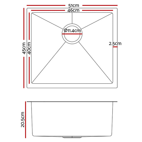 Cefito 51cm x 45cm Stainless Steel Kitchen Sink Under/Top/Flush Mount Black - Delldesign Living - Home & Garden > DIY - free-shipping