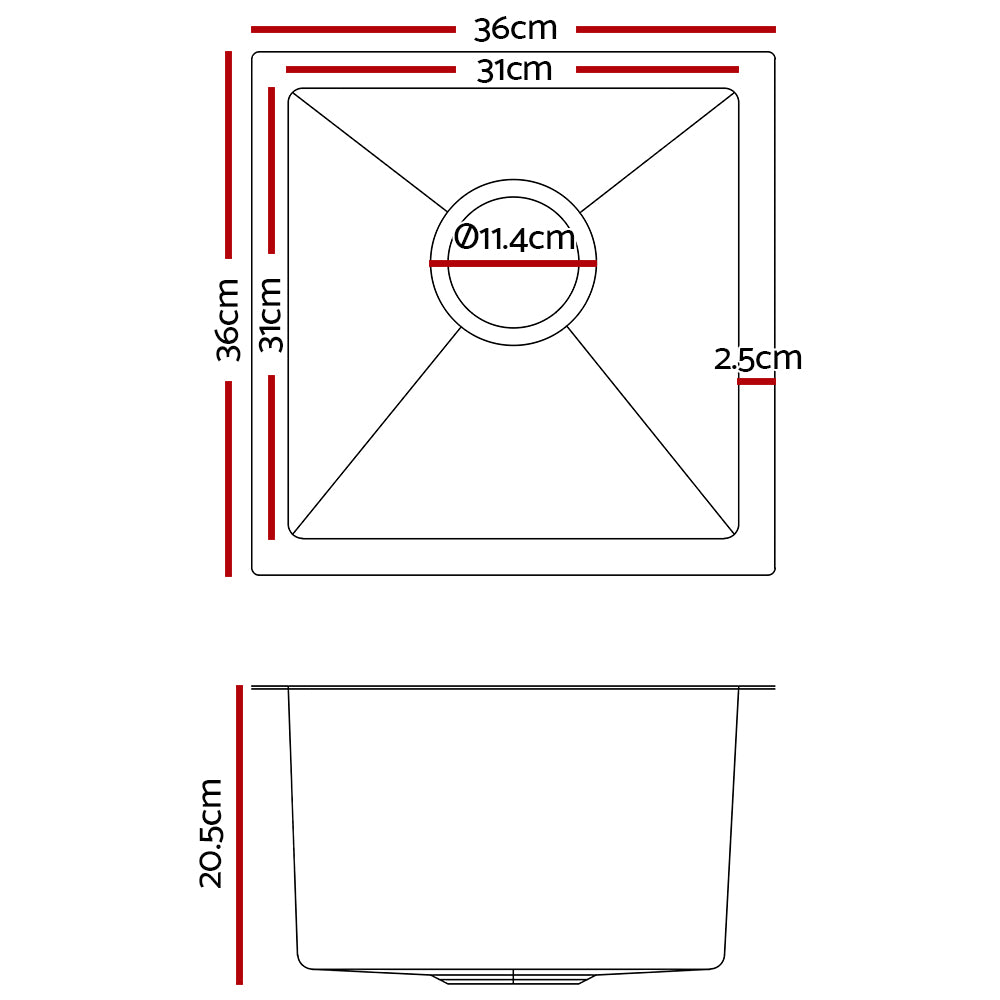 Cefito 36cm x 36cm Stainless Steel Kitchen Sink Under/Top/Flush Mount Silver - Delldesign Living - Home & Garden > Bathroom Accessories - free-shipping