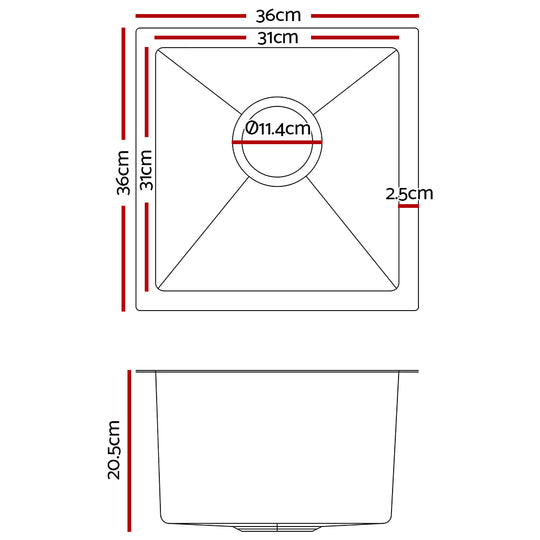 Cefito 36cm x 36cm Stainless Steel Kitchen Sink Under/Top/Flush Mount Silver - Delldesign Living - Home & Garden > Bathroom Accessories - free-shipping