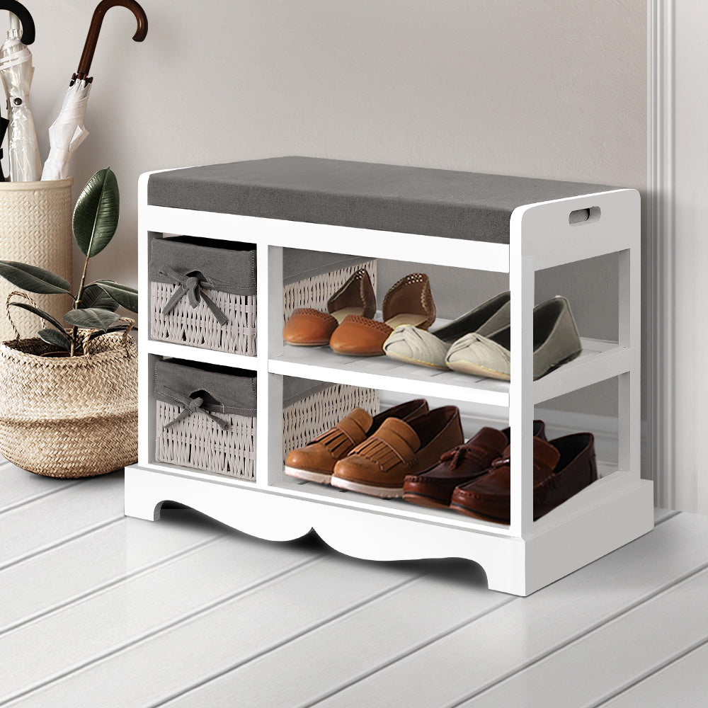 Artiss Shoe Cabinet Bench Rack Wooden Storage Organiser Shelf Stool 2 Drawers - Delldesign Living - Furniture > Bedroom - free-shipping, hamptons