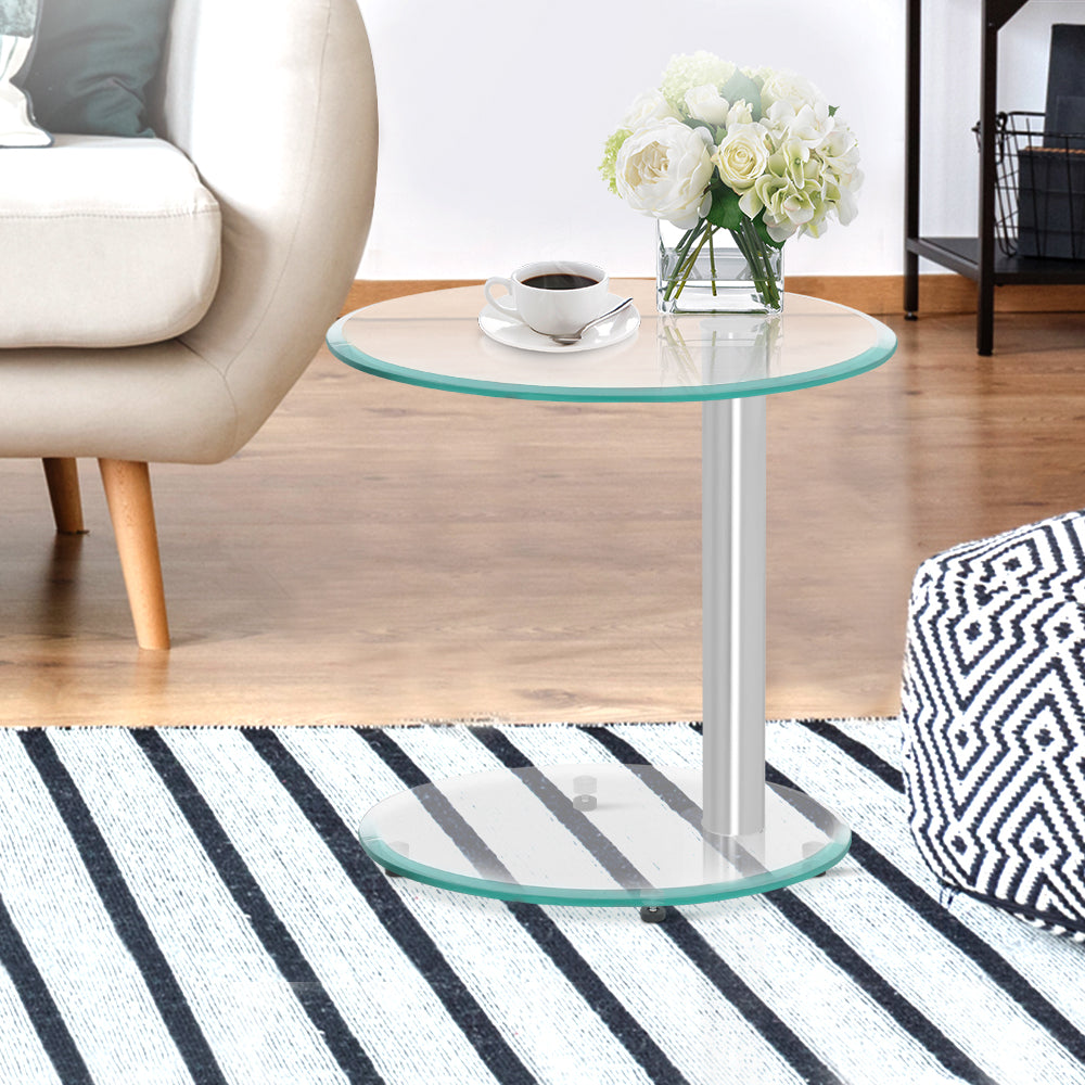 Artiss Side Coffee Table Bedside Furniture Oval Tempered Glass Top 2 Tier - Delldesign Living - Furniture > Dining - free-shipping