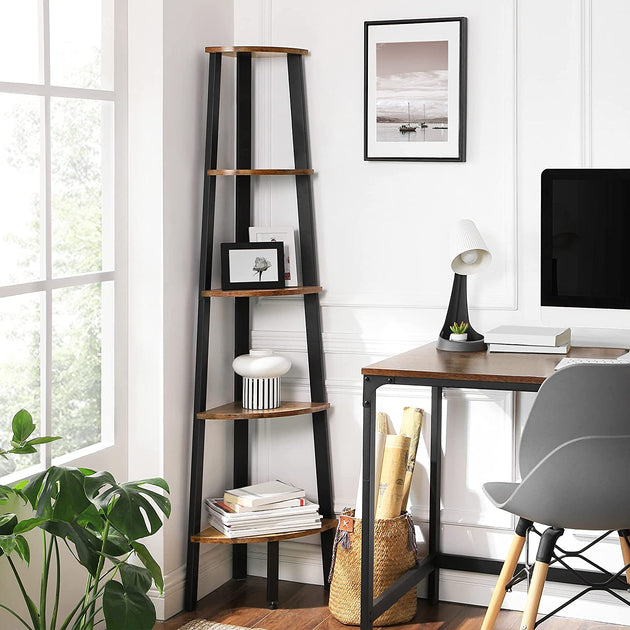 Rustic Brown Metal Frame 5 Tier Corner Shelf - Delldesign Living - Home & Garden > Storage - free-shipping
