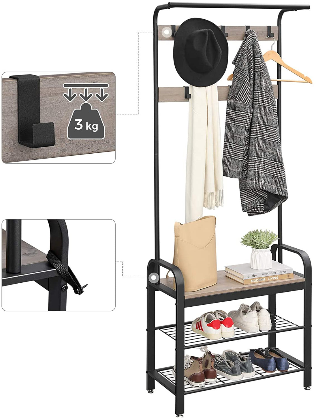 Greige and Black Steel Freestanding Coat Rack Stand with Removable Hooks, Bench and Shoe Rack, Height 183 cm - Delldesign Living - Furniture > Living Room - free-shipping