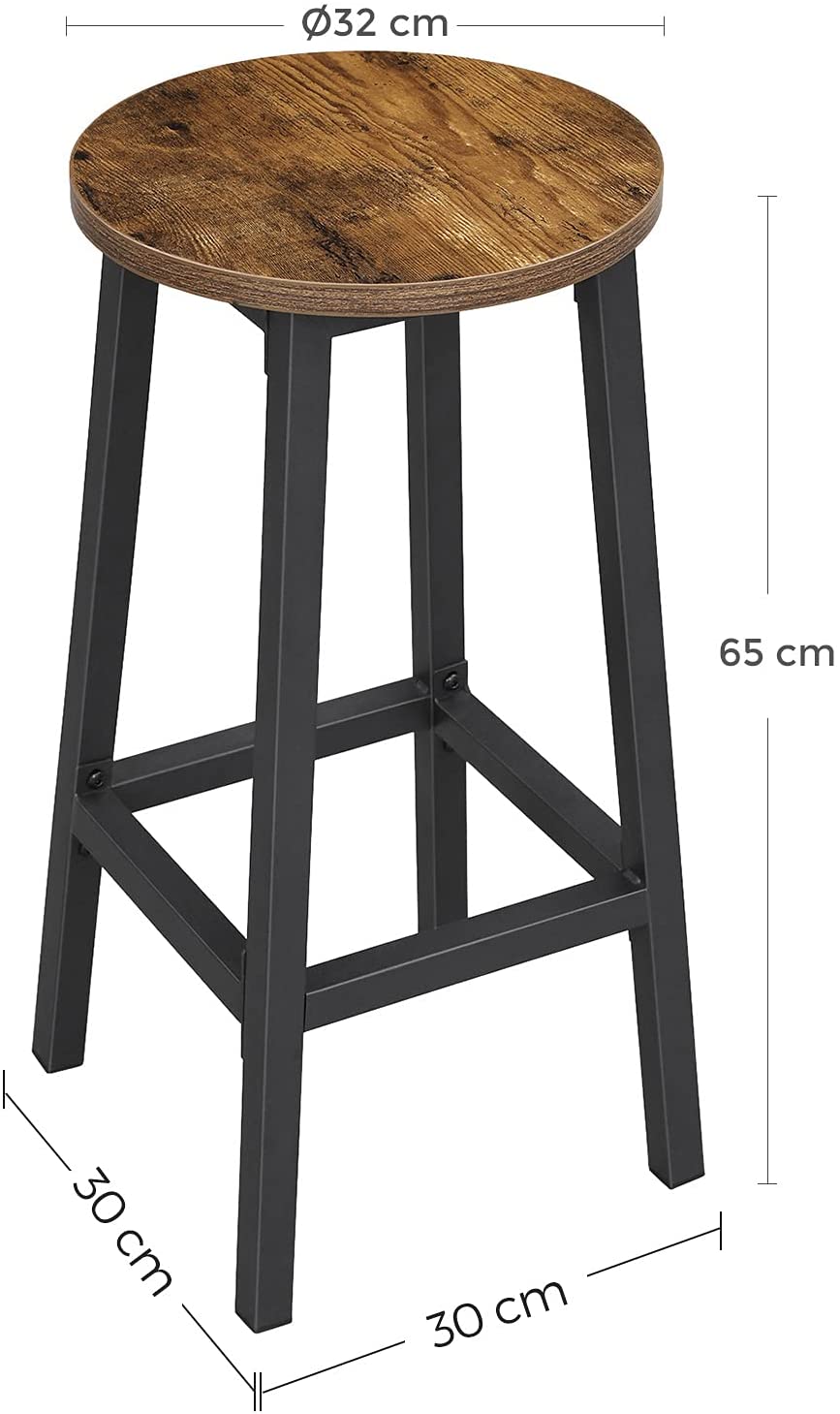 Set of 2 Bar Stools with Sturdy Steel Frame Rustic Brown and Black 65 cm Height - Delldesign Living - Furniture > Living Room - free-shipping