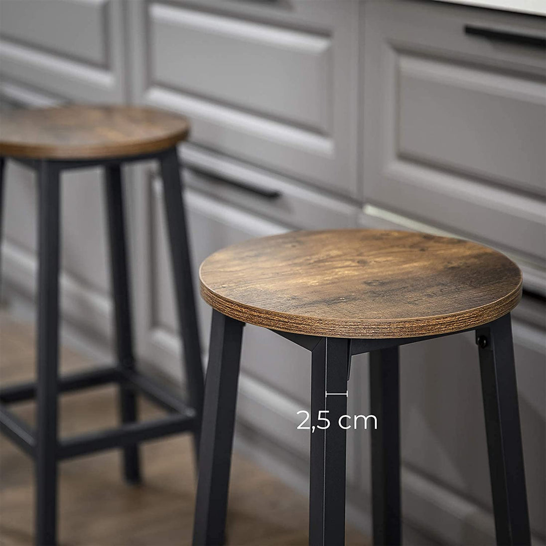 Set of 2 Bar Stools with Sturdy Steel Frame Rustic Brown and Black 65 cm Height - Delldesign Living - Furniture > Living Room - free-shipping