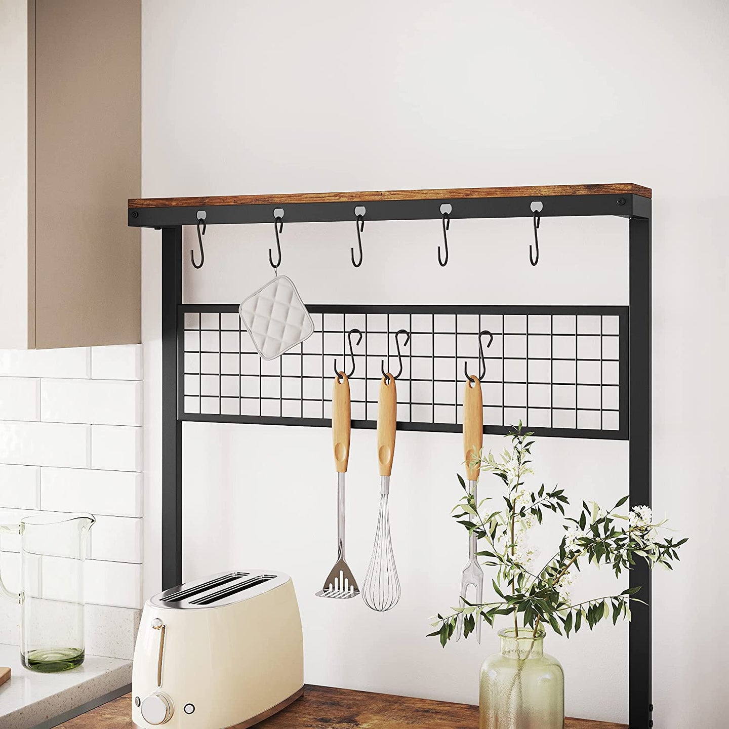 Industrial Kitchen Baker's Rack with Storage Shelves 10 Hooks and Metal Mesh Shelf 84 x 40 x 170 cm Rustic Brown - Delldesign Living - Furniture > Living Room - free-shipping