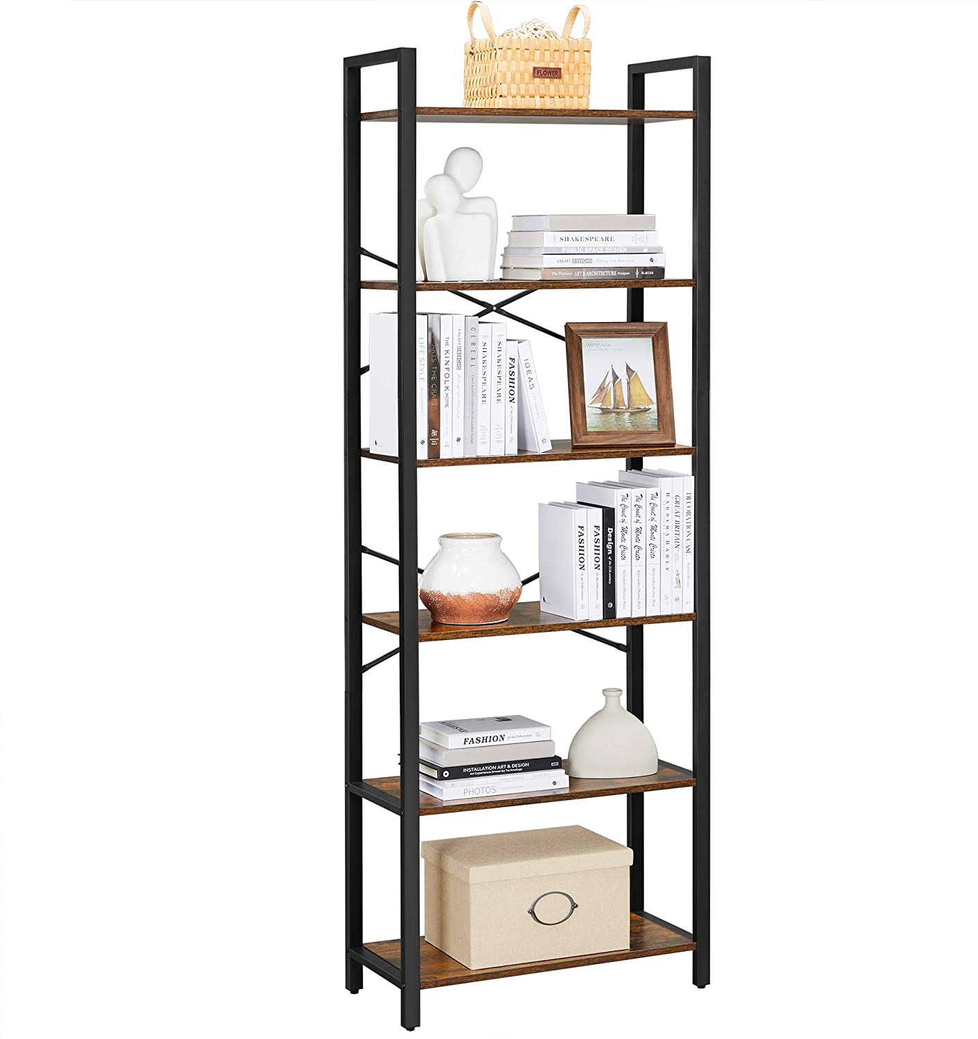 6-Tier Storage Rack with Industrial Style Steel Frame  Rustic Brown and Black, 186 cm High - Delldesign Living - Furniture > Living Room - free-shipping