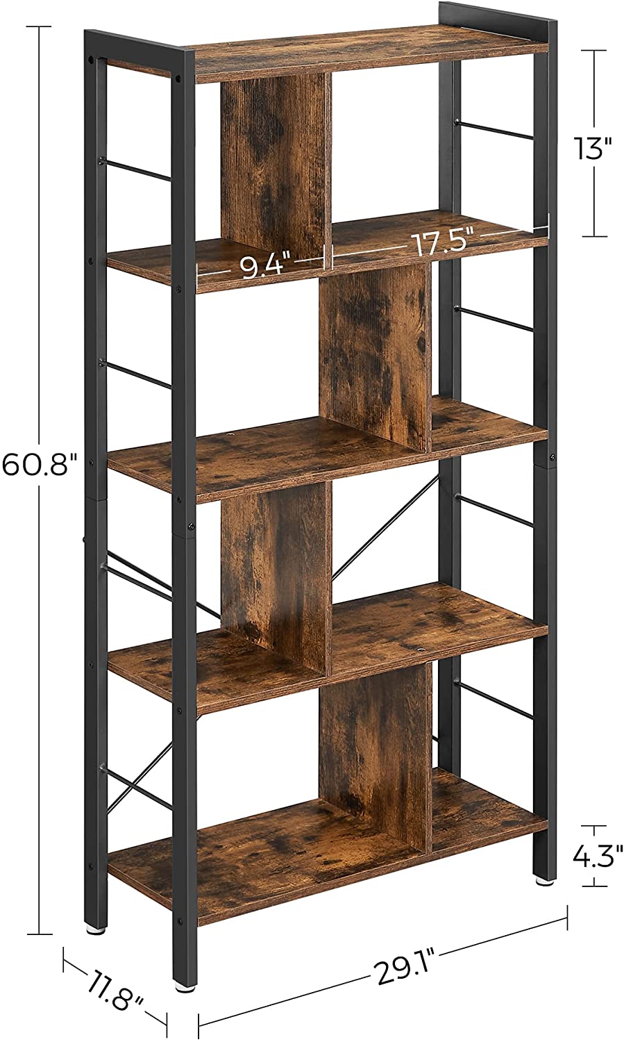 4-Tier Industrial Bookshelf Stable Iron Frame, Rustic Brown - Delldesign Living - Furniture > Living Room - free-shipping